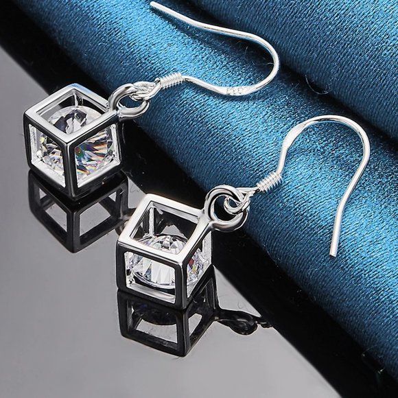 Boxed Inlayed Cubic Zirconia Drop Earrings Solid 925 Sterling Silver - Picture 3 of 5